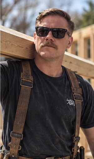 Bill Bleil carrying a framing beam on his shoulder at a job site